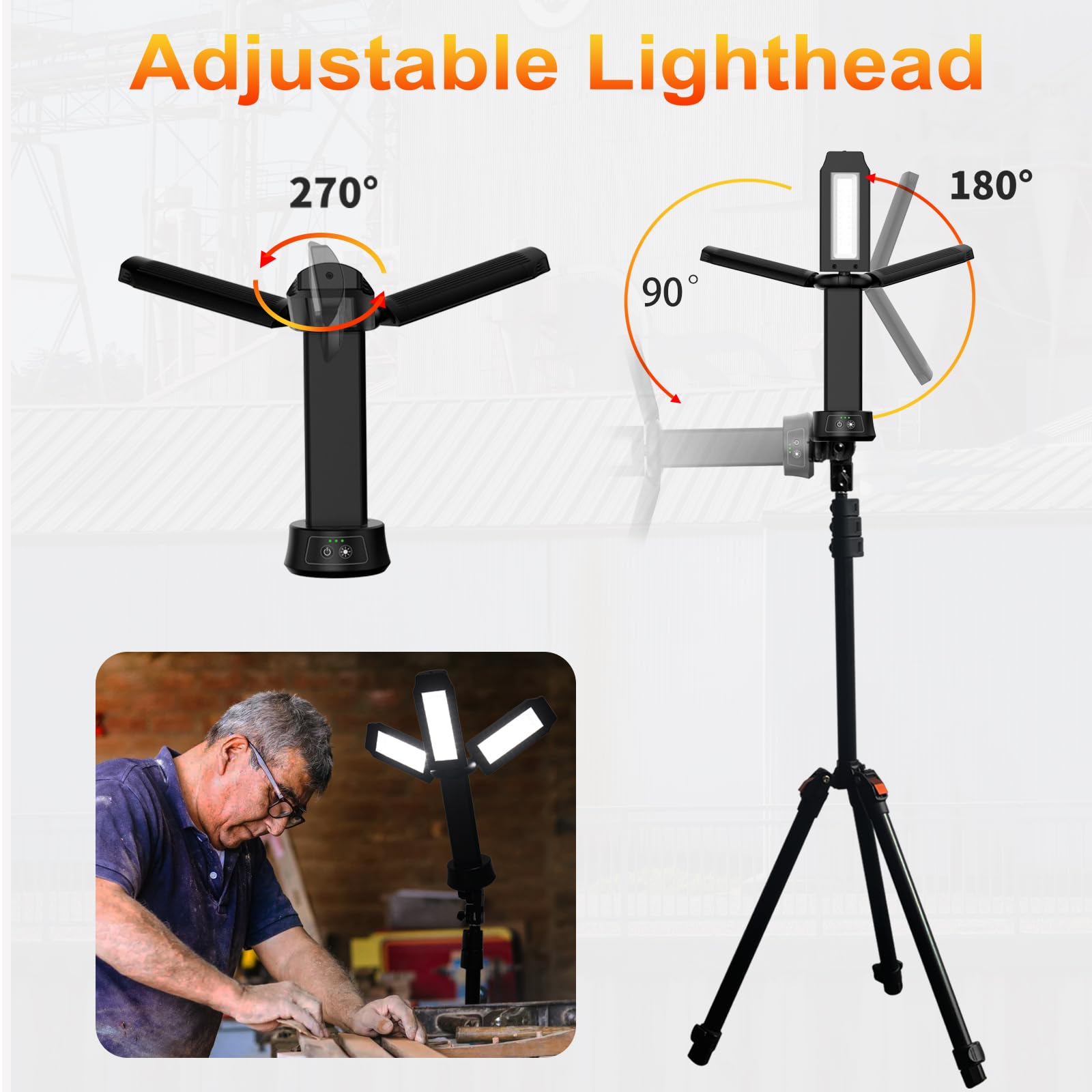 Lampada da campeggio a LED, 12000 mAh, ricaricabile, in alluminio nero, testa rotante a 270°, modalità a 3 colori con oscuramento, luce da lavoro portatile con treppiede, per esterni, campeggio