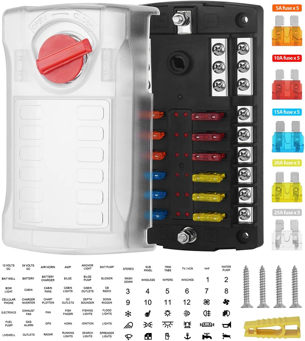Jtron 12 Way Fuse Holder Box 12-32V with LED Warning Indicator Light Moisture-Proof Cover - with Negative Busbar Bracket, Suitable for Ships, Cars and Trucks, with 5A 10A 15A 20A 25A Blade Fuse