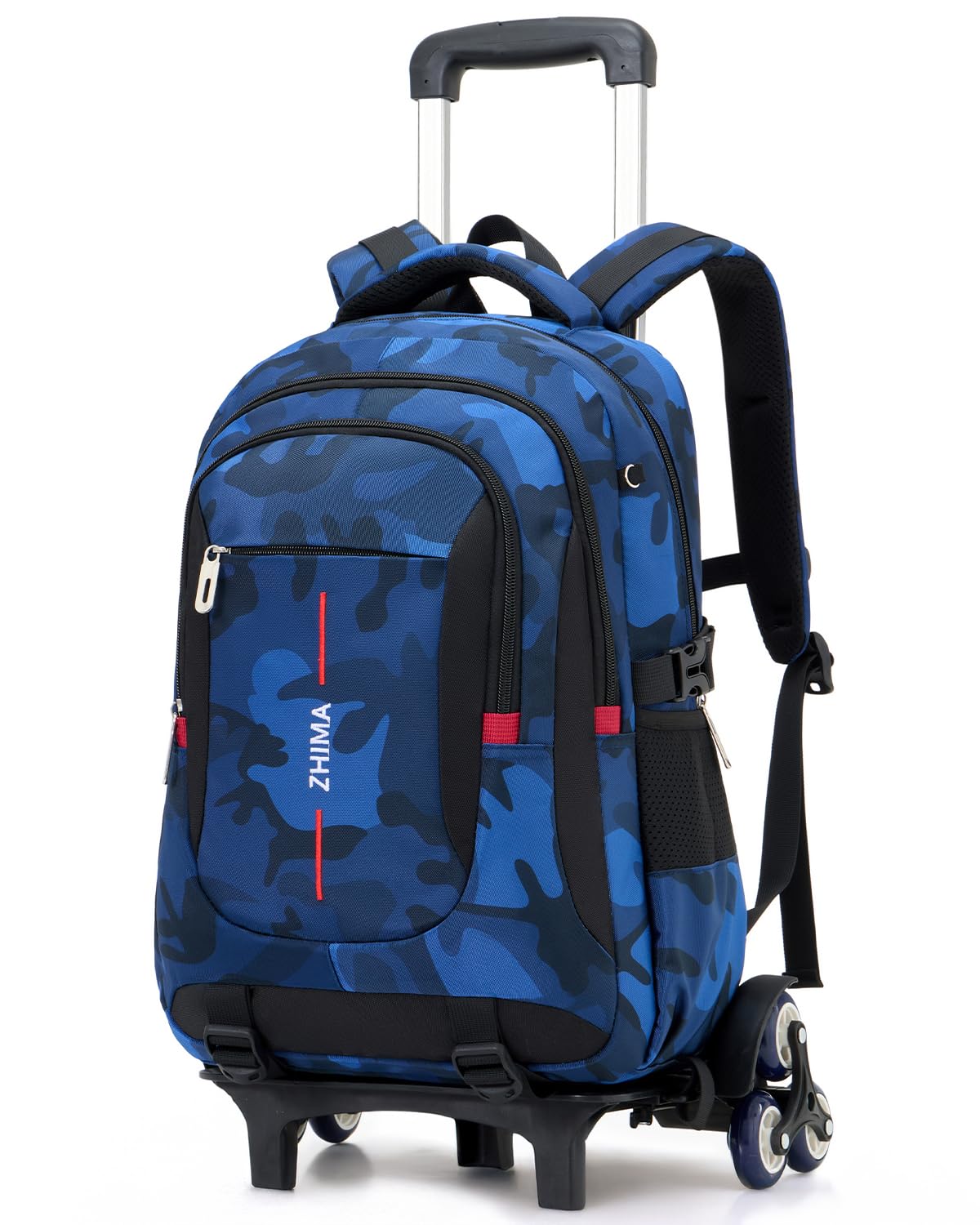 Mochila con Ruedas para Adolescentes Chicos, Mochilas Escolares con Carrito Desmontable, Mochilas de Camuflaje de Moda para Instituto Mochila Casual para Viajes, Azul