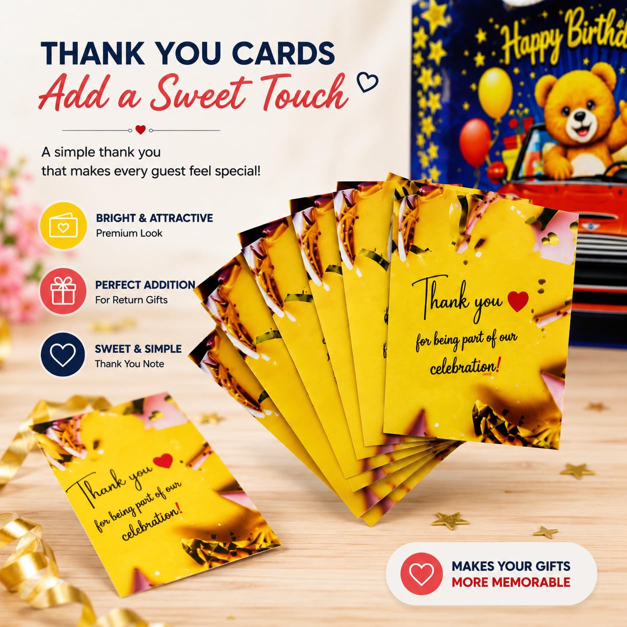 Birthday Return Gift Bags for Kids with Thank You Cards & Pull Bow Ribbon | Teddy Car Theme Party Favor Bags for Boys & Girls | Gift Packing Set for Birthday Celebration 2