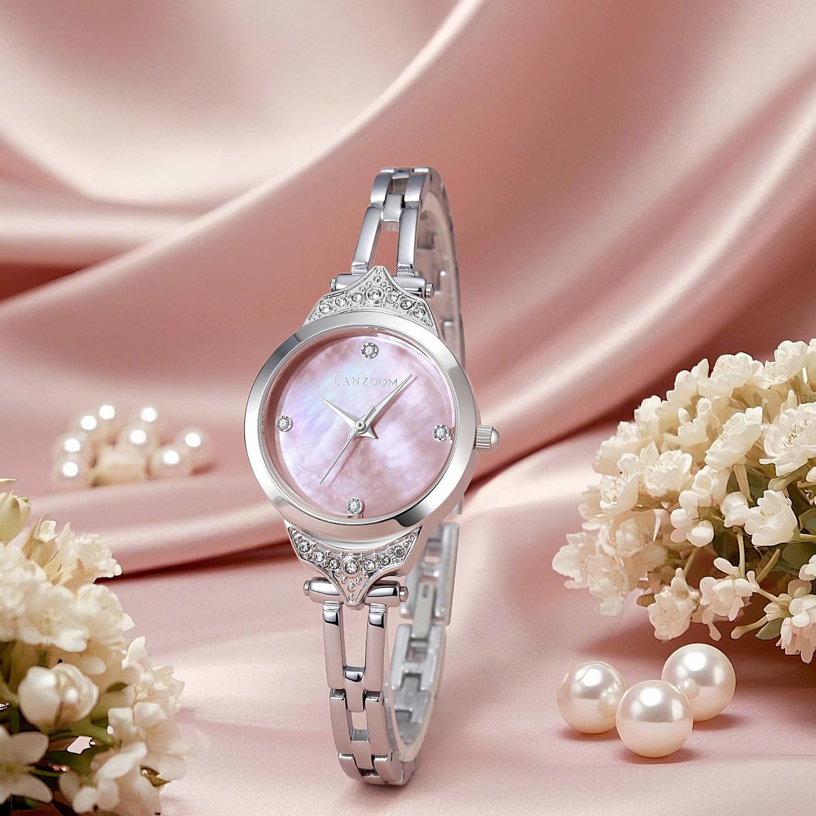 LANZOOM Damen-Armbanduhr, silberfarbenes Perlmutt-Zifferblatt mit Diamant-Akzenten, Meerjungfrauenschwanz-Design, 23 mm Gehäuse, minimalistisch, elegant, Geschenk für Sie