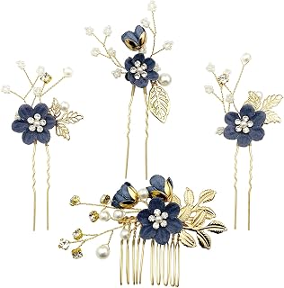 Wedding Flower Hair Pieces Set 4pcs Bridal Dark Blue Floral Crystal Pearl Gold Leaf Vine Hair Combs Pins Accessories for Women