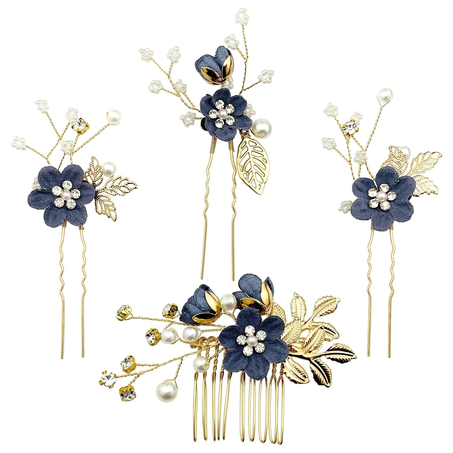 Wedding Flower Hair Pieces Set 4pcs Bridal Dark Blue Floral Crystal Pearl Gold Leaf Vine Hair Combs Pins Accessories for Women