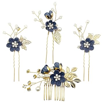 Wedding Flower Hair Pieces Set 4pcs Bridal Dark Blue Floral Crystal Pearl Gold Leaf Vine Hair Combs Pins Accessories for Women