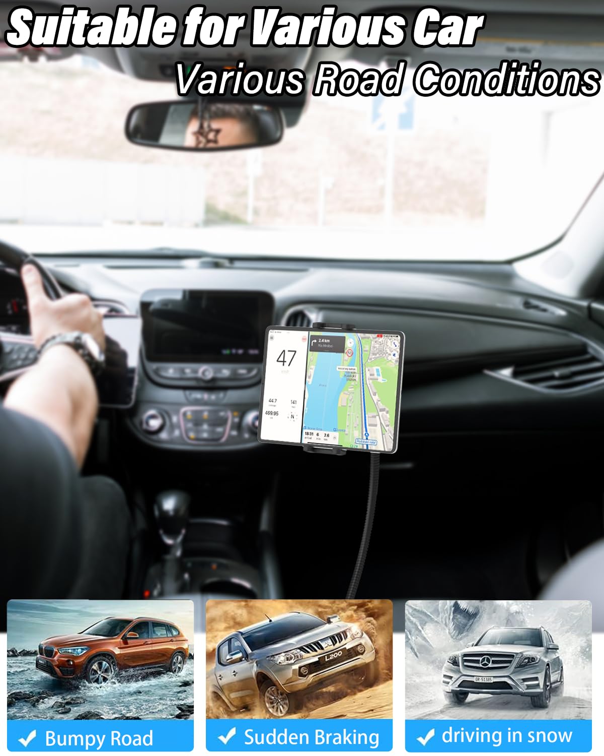 Support Tablette Camion Siège Rail avec Bras col de Cygne de 19,7" de Long, Porte Tablette Rail siège Voiture, pour iPad, Sumsung Tab, Sony Autre 4.7-12.9" Telephone et Tablette