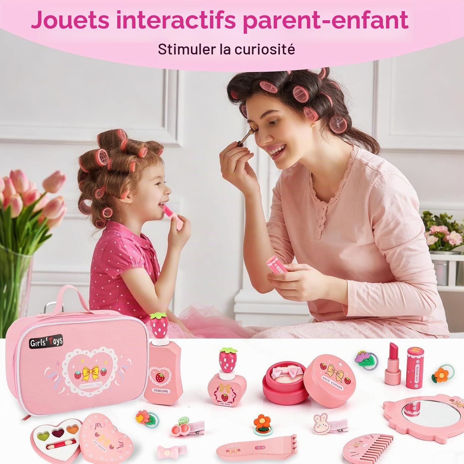 Maquillage Enfant Fille en Bois,Maquillage Bois Enfant Maquillage Enfants en Boises,Maquillage pour Filles,Faux Coffret Jouet,Trousse de Maquillages Cadeau d'anniversaire pour Filles 3+ Ans