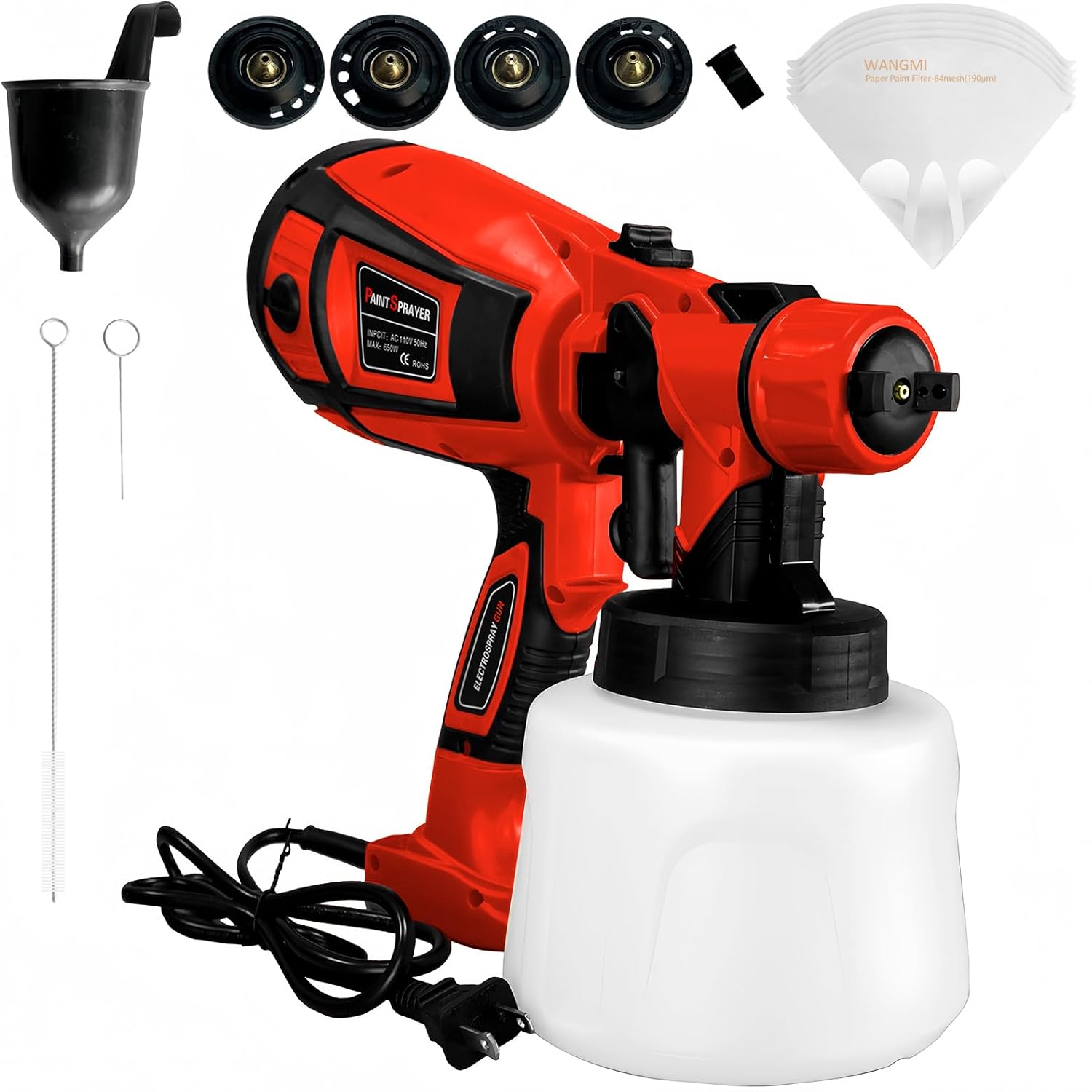 Corded Electric Paint Sprayer, 110V 650W 5Ft Spray Painter with 1300ml Container, 5 Brass Nozzles, 3 Patterns and Filter for Home Interior and Exterior, Fence, Deck and Furniture PSBD-CD110RD 110 V