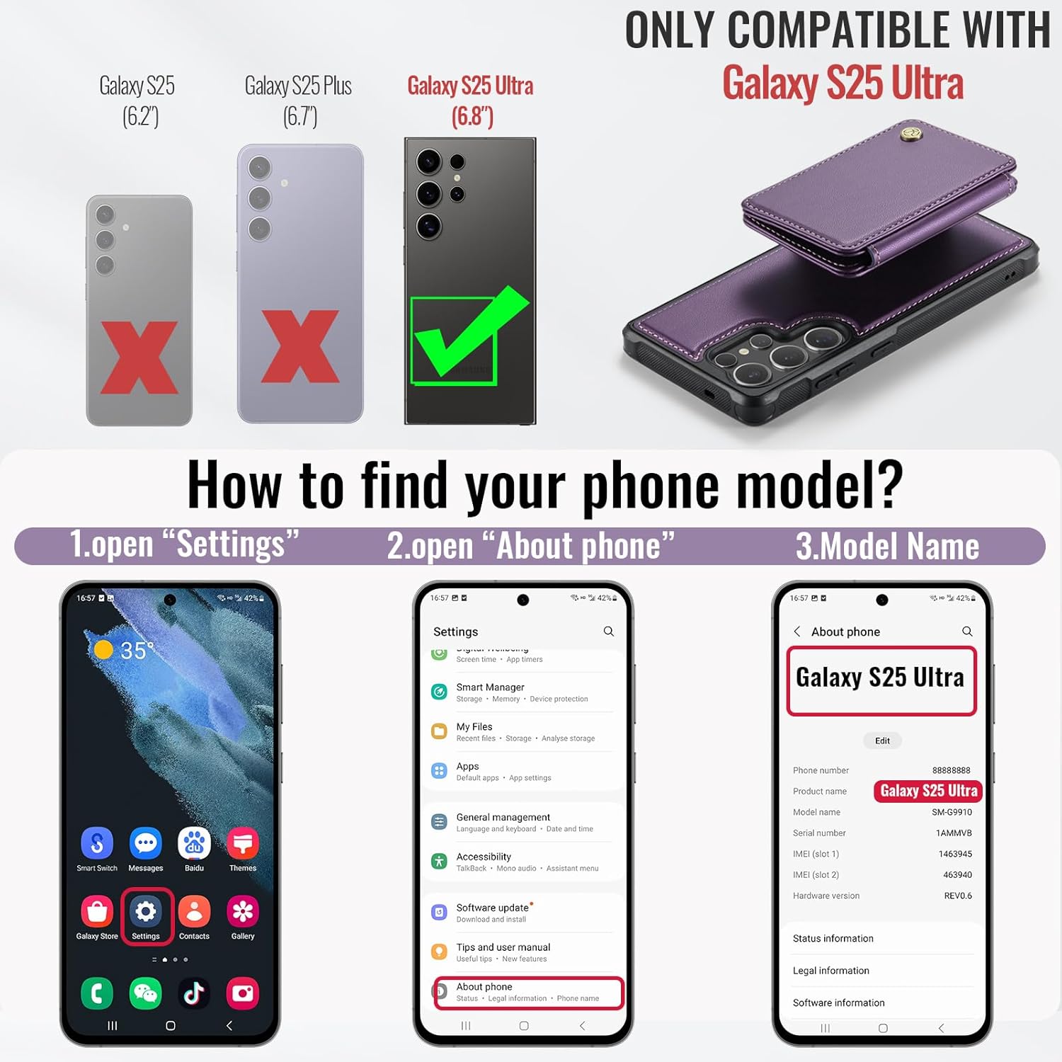 Compatible with Magsafe for Samsung Galaxy S25 Ultra Wallet Case Magnetic Card Holder, RFID Blocking 2 in 1 Detachable Kickstand Shockproof Case for Women Men, Purple - Image 6