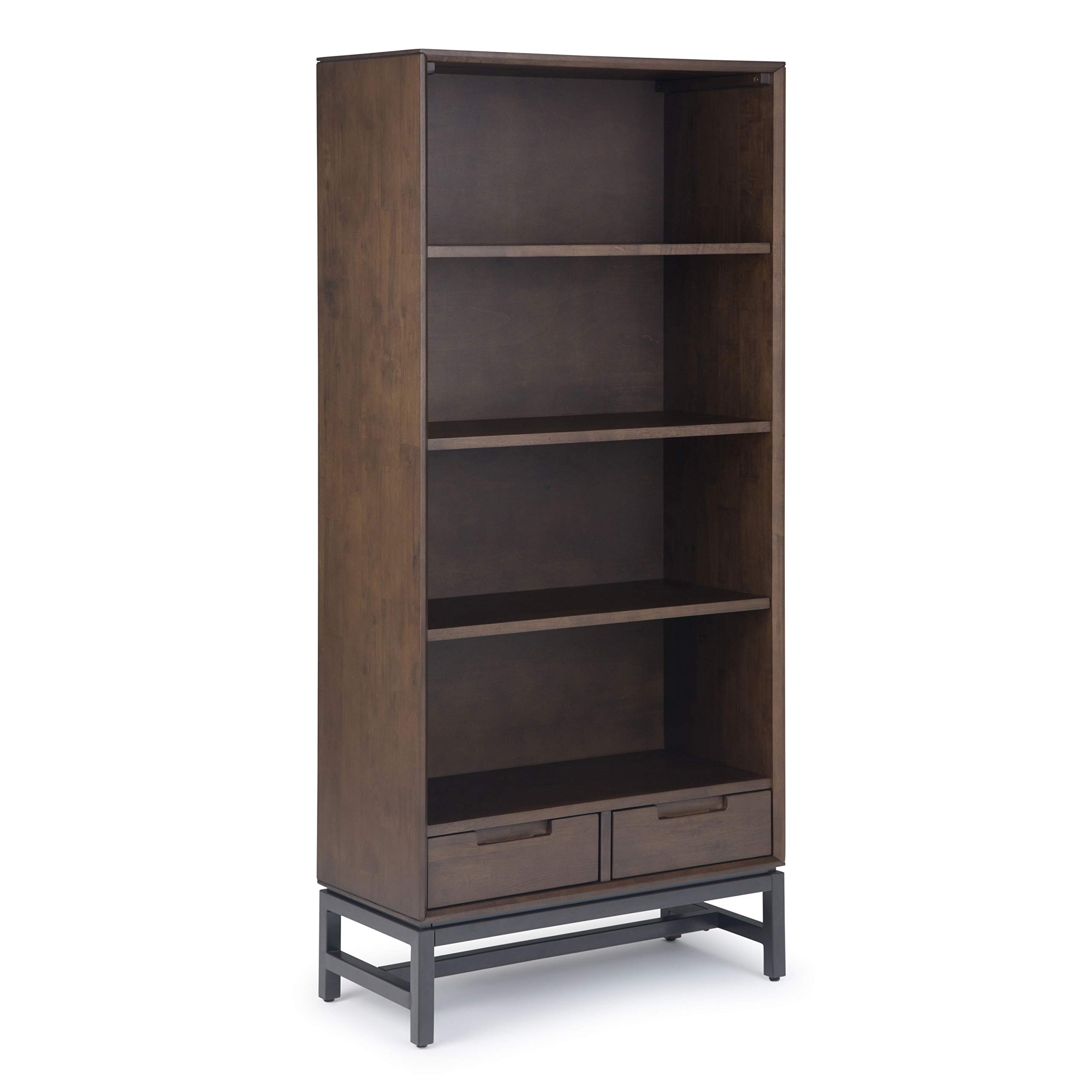 SIMPLIHOME Banting Bookcase - 66 inch Tall Solid Hardwood and Metal Bookshelf in Walnut Brown, Industrial Storage for Living Room, Study Room or Office with Open Shelves and Metal Frame