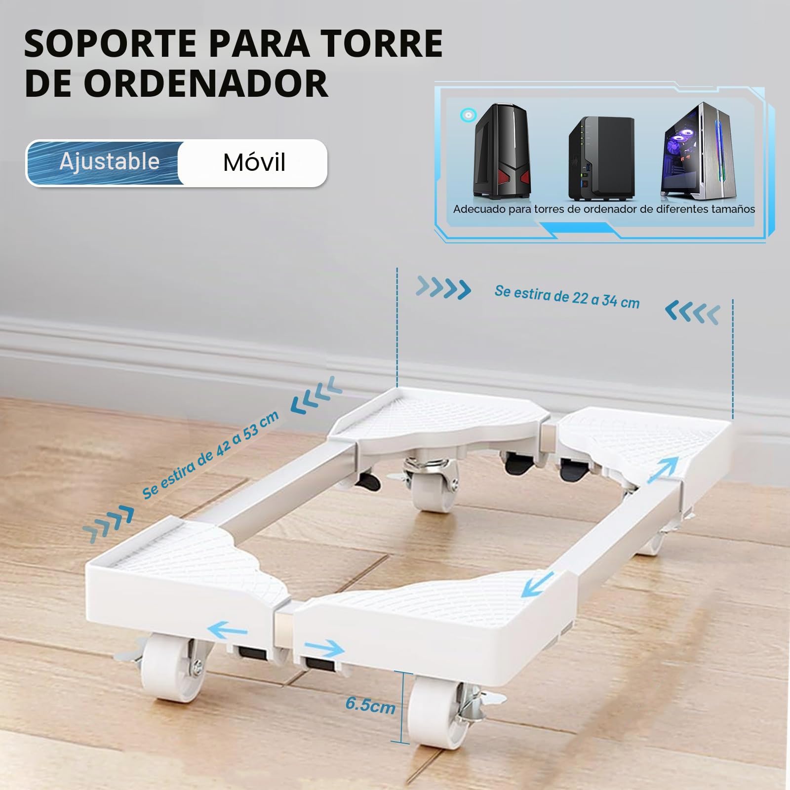 Soporte móvil para CPU para PC, Soporte Ajustable para Torre de Ordenador, Soporte móvil con 4 Ruedas, Soporta hasta 40kg - Blanco