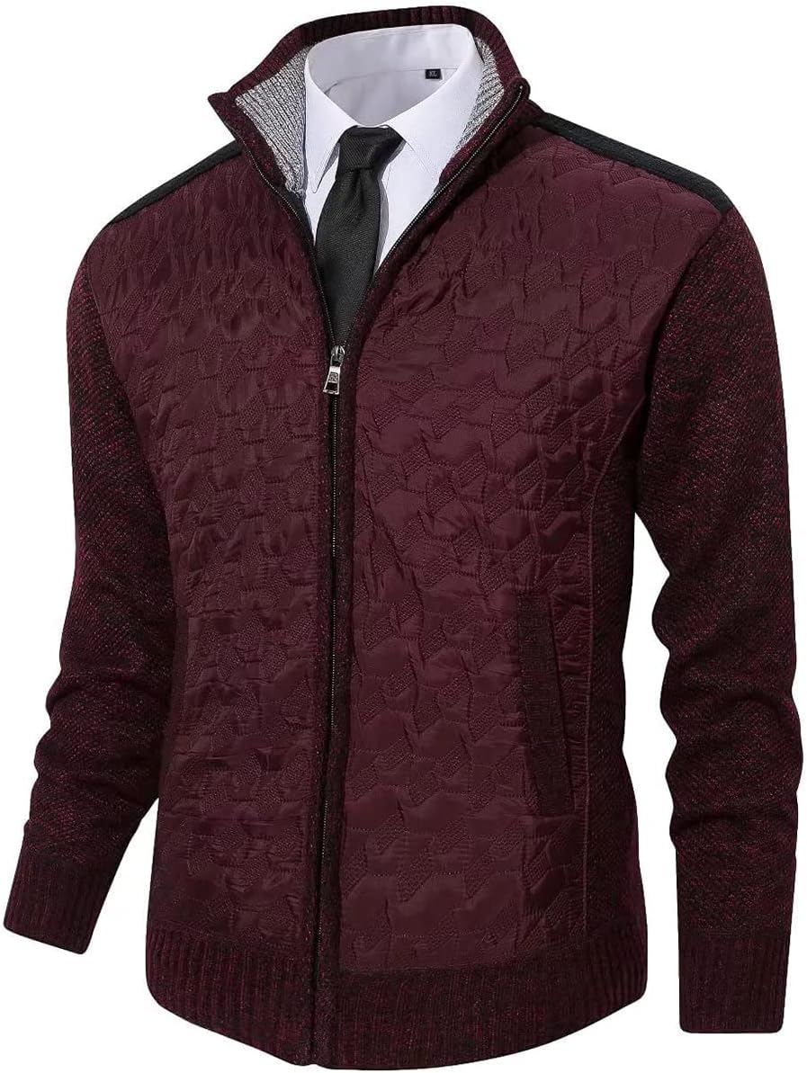 Msmsse Men's Full Zip Cardigan Sweaters for Men Causal Thick Slim Fit Knitted Sweater Jackets Wine Red S