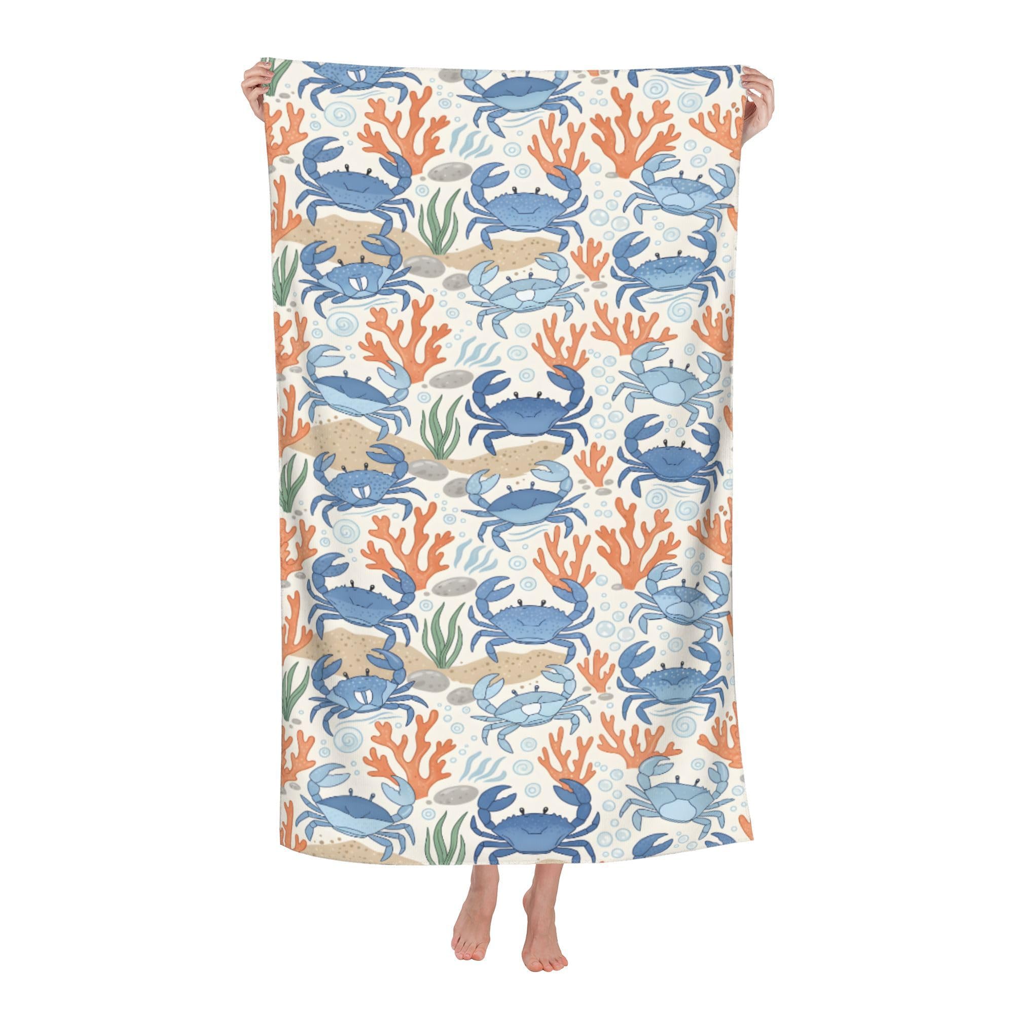 peiyeety Blue Crab Coral Pattern Soft Bath Towels Absorbent Bathroom Towel for Beach Hotel Gym Spa Shower