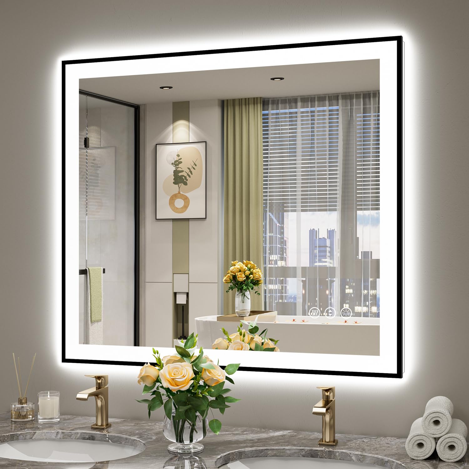 40x36 LED Bathroom Mirror with Lights, Black Framed Lighted Mirror
