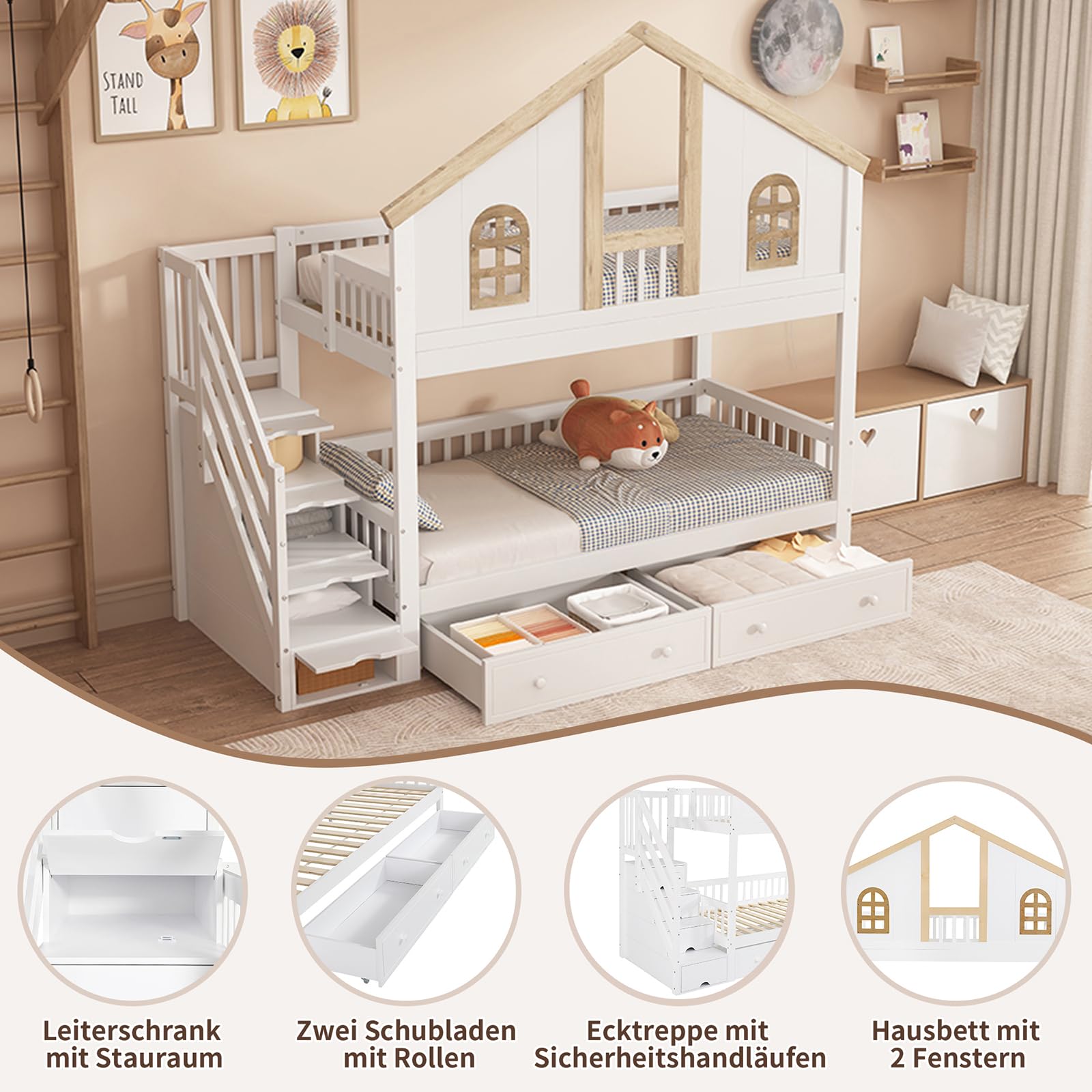 Letto a castello per bambini, 90 x 200 cm, con porta di sicurezza, finestra, due cassetti su ruote e scala con quattro ripostigli. Legno bianco e naturale. (Bianco)