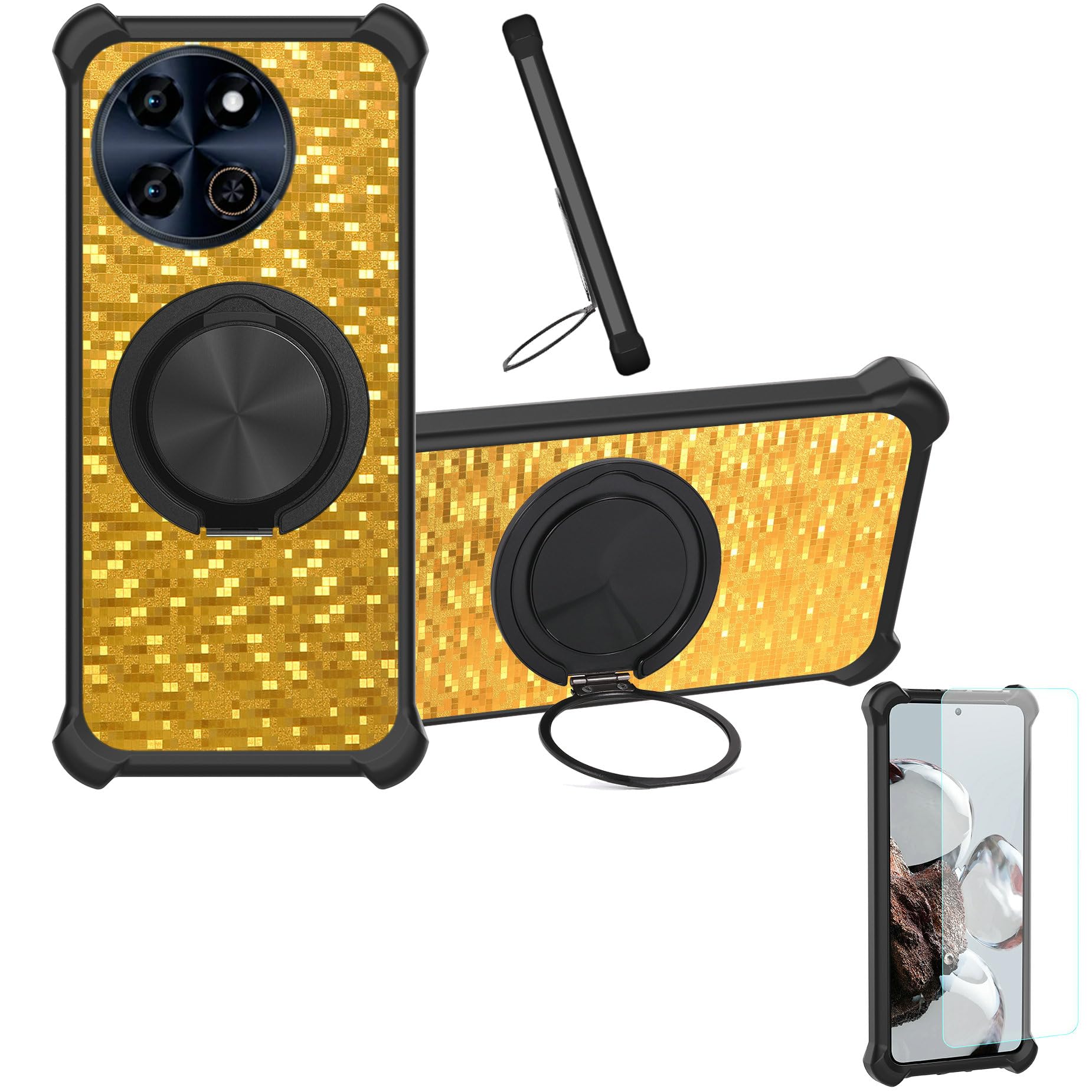 対応 Hotwav Note 16 ケース Phone Case [1枚 9H+硬度強化 ガラスフィルム][360°回転式スタンド、マグネット式]CX-23-HEI