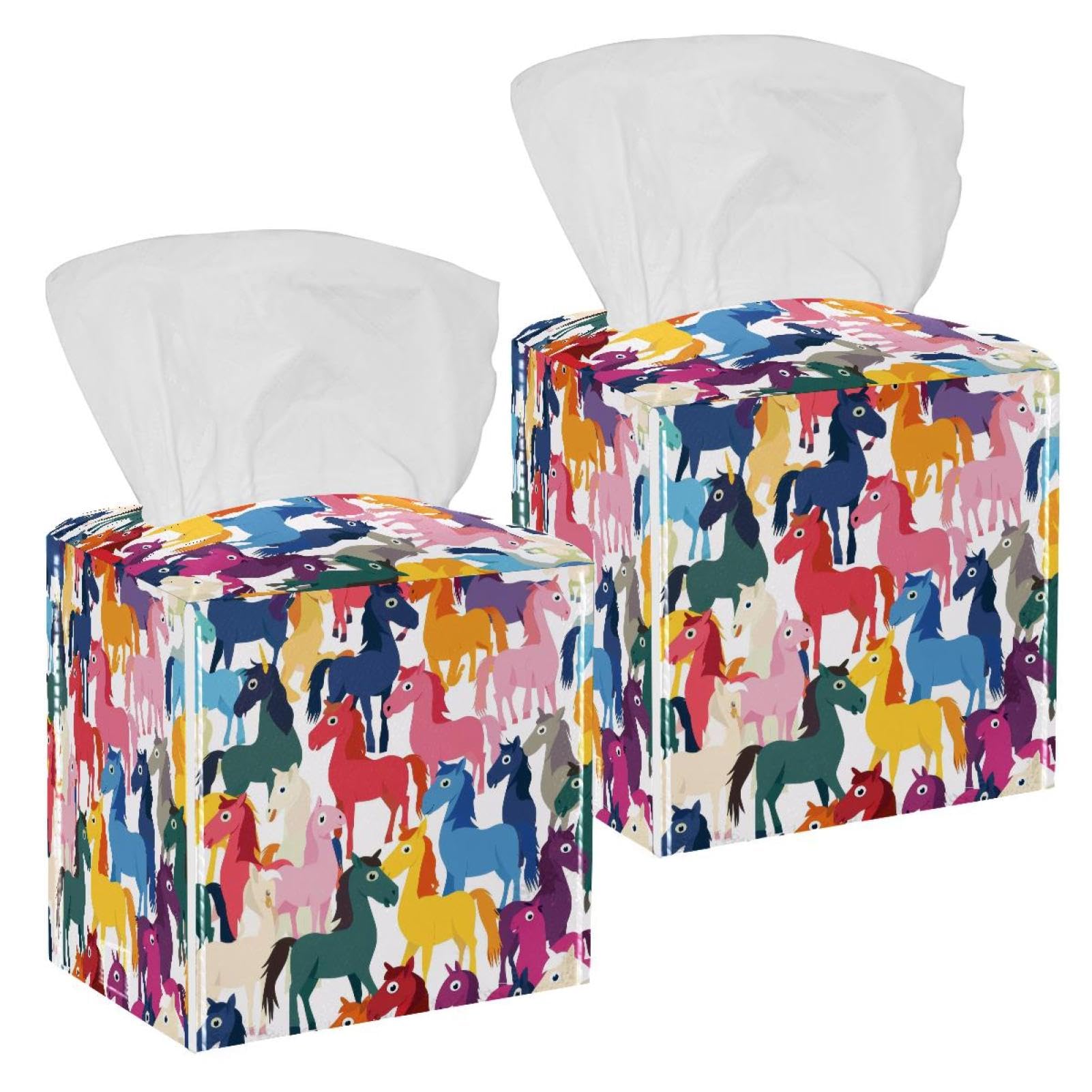 Cartoon Horses Tissue Box Cover, 2 Pack PU Leather Square Facial Tissue Dispenser Box holder for Home Office Car