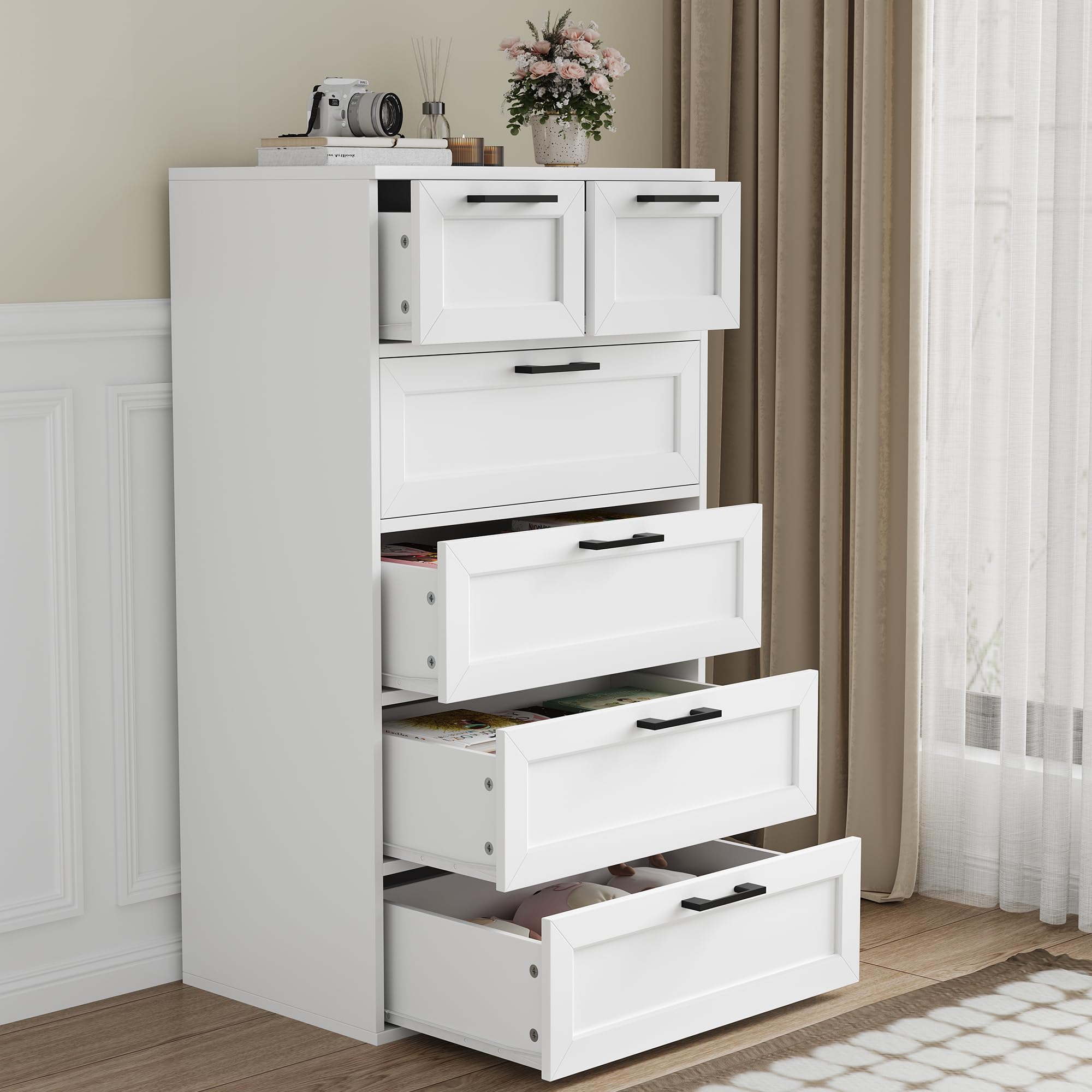 HOCSOK Cassettiera Bianca, Mobiletto con 6 Cassetti, Comò in Legno, Cassettiera Alta per Camera da Letto, Soggiorno, Corridoio, Moderna, 40 x 60 x 99,5 cm