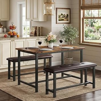 CABIHOME Dining Table Set for 4, Farmhouse Rectangular Kitchen Table with Upholstered Benches, 3-Piece Dining Table and Bench Set for Small Spaces, Apartment, Studio, Brown