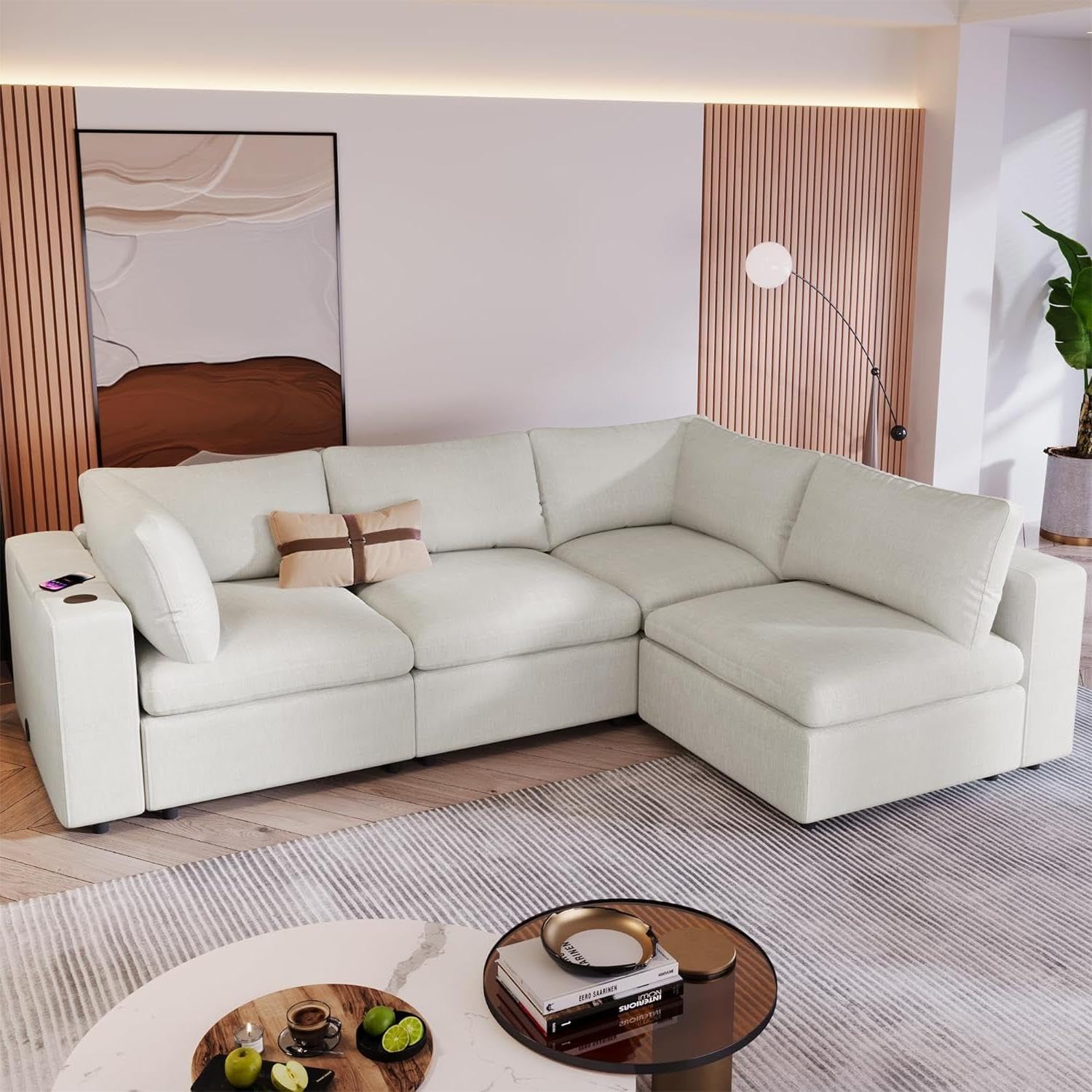 106'' Modular Sectional Sofa Couch for Living Room, L-Shape Couch Modern Upholstered 4-Seat Sofa with USB Charge Port & Wireless Charging & Built-in Bluetooth Speaker in Arm, Sofa Set Beige