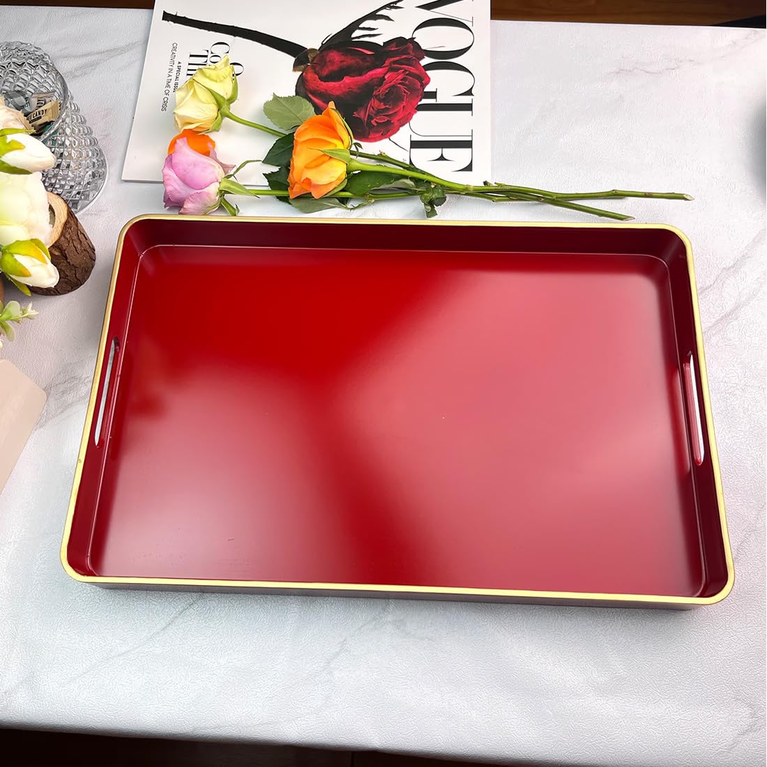 UOEKCS Red Decorative Tray, Serving Tray with Handles, Plastic Rectangular Tray for Ottoman, Coffee Table, Bathroom, Living Room. 15.7