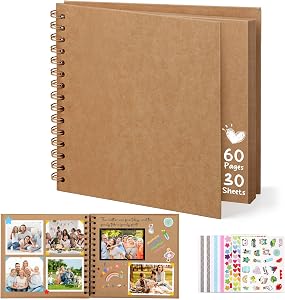 DazSpirit Scrapbook Photo Album, 8-inch Personalized Photo Book, DIY Memory Album With 5 Album Stickers, Square Hardcover Scrapbook for Wedding, Babies and Anniversaries, Brown, 30 Sheets