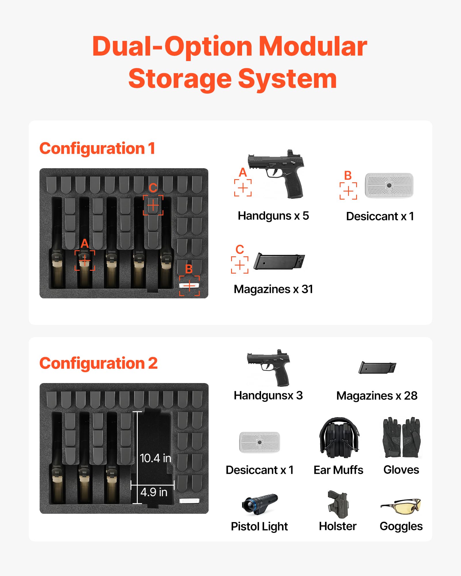 VEVOR Estuche Rígido para Pistola con Revestimiento de Espuma XPE, Funda para 5 Pistolas, Resistente al Agua y Polvo con Interior Personalizable y Asa 475 x 415 x 215 mm, Negro, Cumple con la TSA