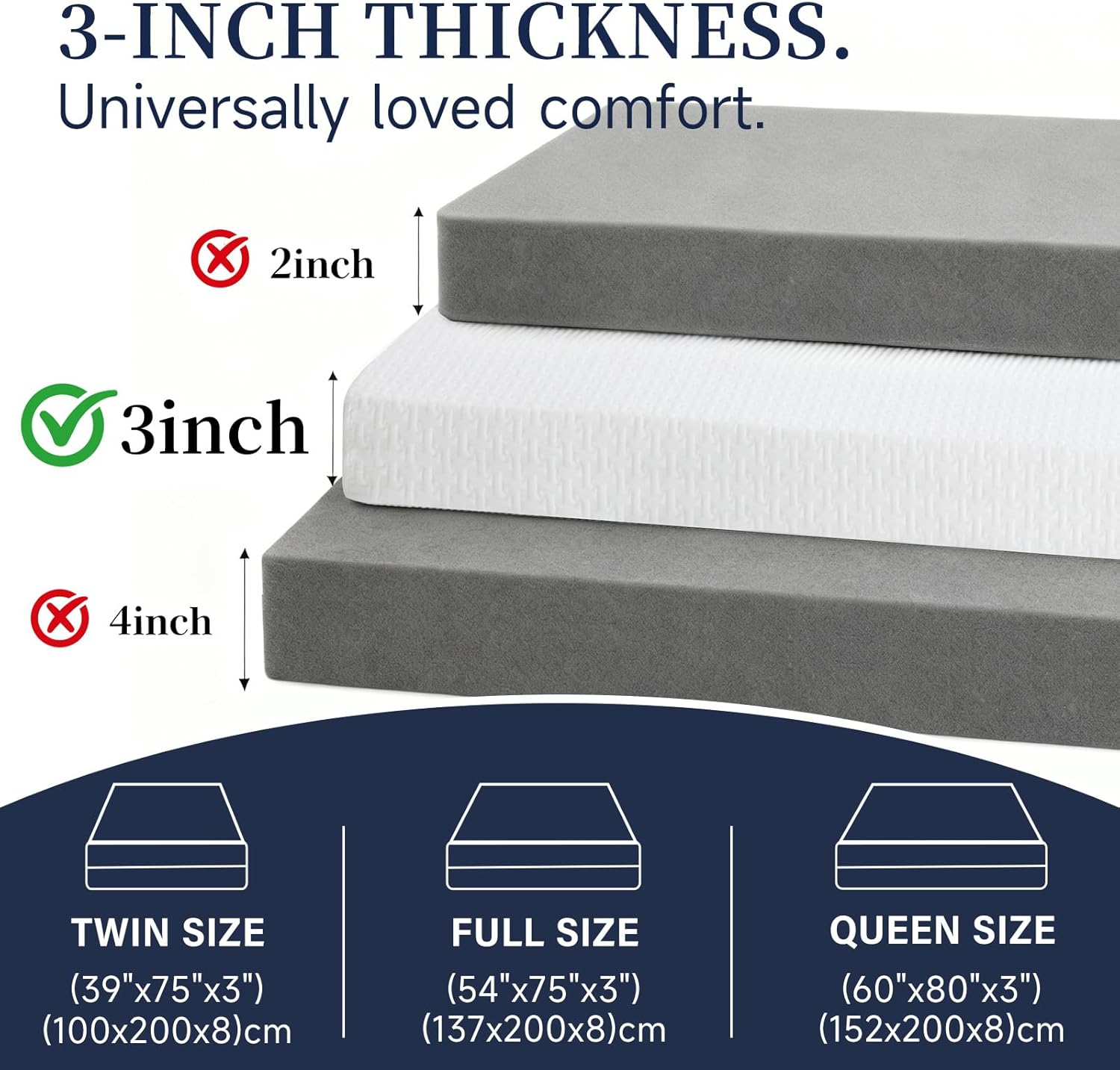 Tiita 3-Inch Mattress Topper Twin, Foam Mattress Topper, Removable Mattress Cover, Firm Bed Pad, High Density Foam Mattress Pad, Mattress Protector with 4-Corner Non-Slip Straps