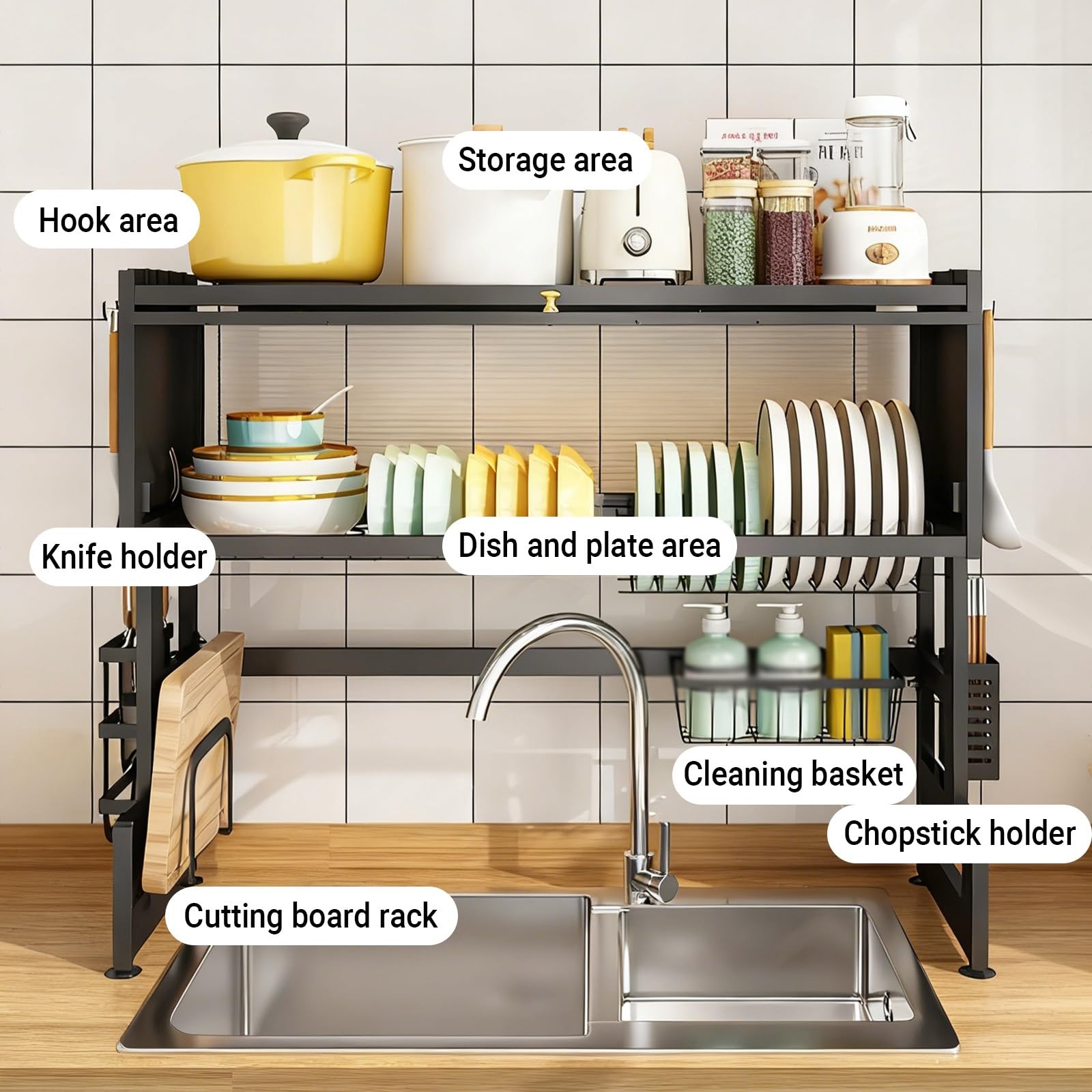 Escurridor de platos para colocar sobre el fregadero, estante grande de organización para encimera de cocina con cubierta y soportes de almacenamiento para platos, vasos, cuencos, cubiertos