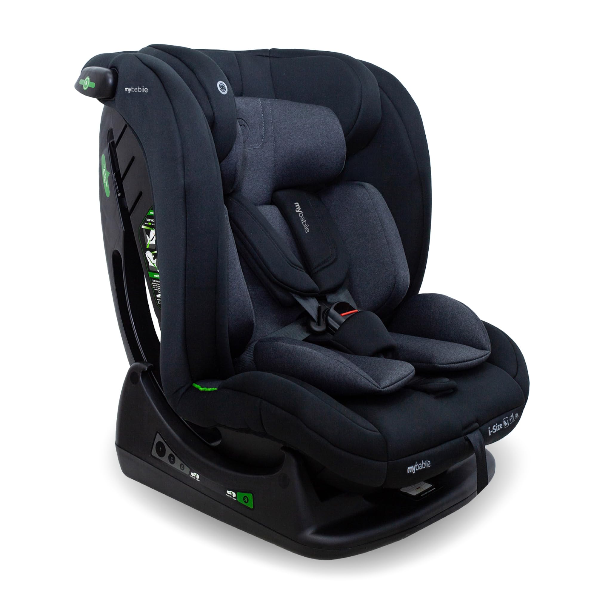 My Babiie MBCS100 - Asiento infantil convertible 2 en 1 R129 con cinturón, 40-150 cm (aprox. nacimiento - 12 años, 0-36 kg), i-Size, grupo 0+1/2/3, ajustable, color negro
