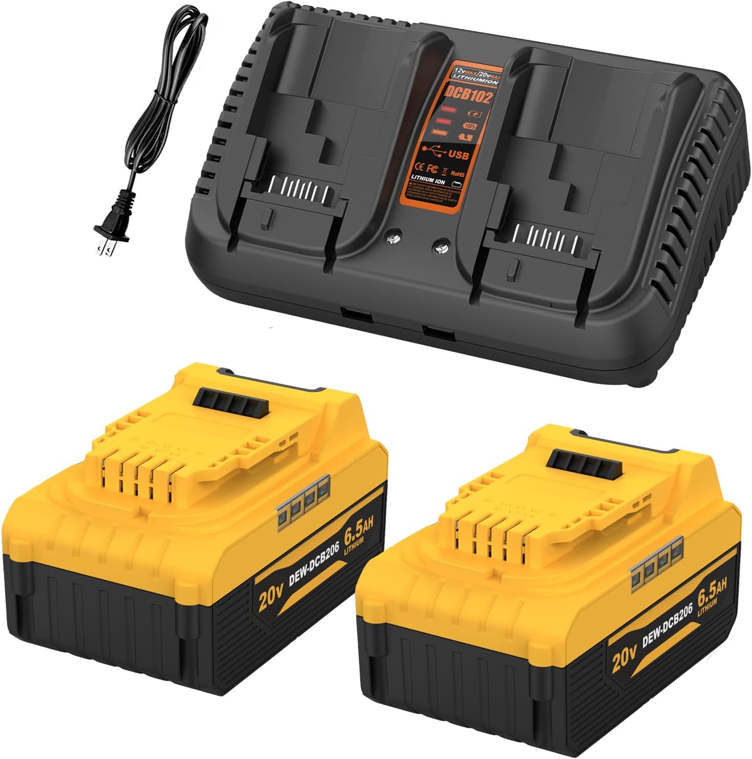 Powiling 20V 6.5Ah Replacement for Dewalt 20V Max Battery 2Packs and Charger Compatible with DCB102 DCB104 DCB118 DCB115 DCB206 DCB204