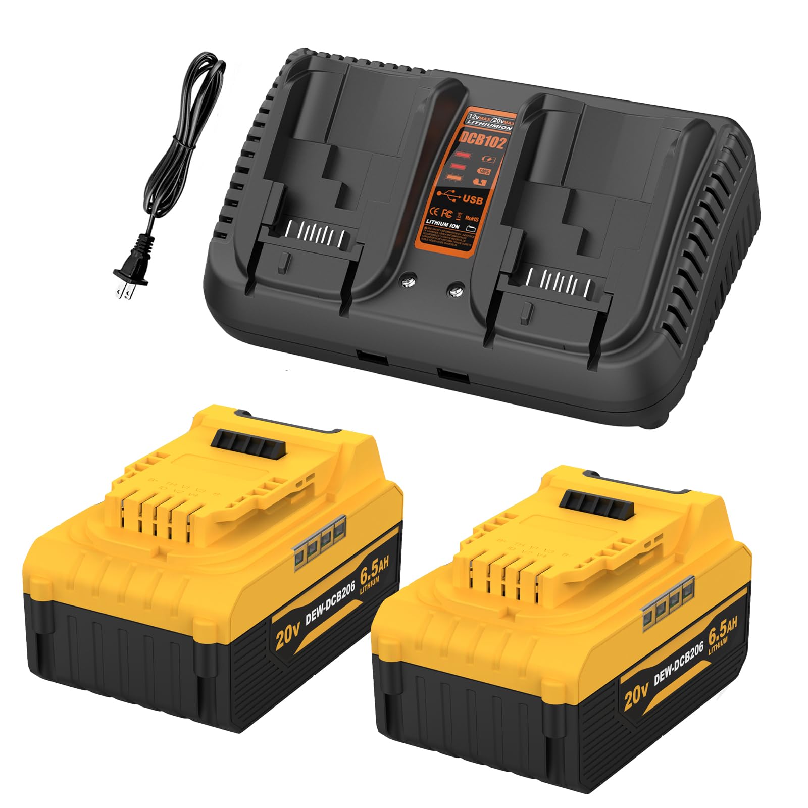 Powiling 20V 6.5Ah Replacement for Dewalt 20V Max Battery 2Packs and Charger Compatible with DCB102 DCB104 DCB118 DCB115 DCB206 DCB204