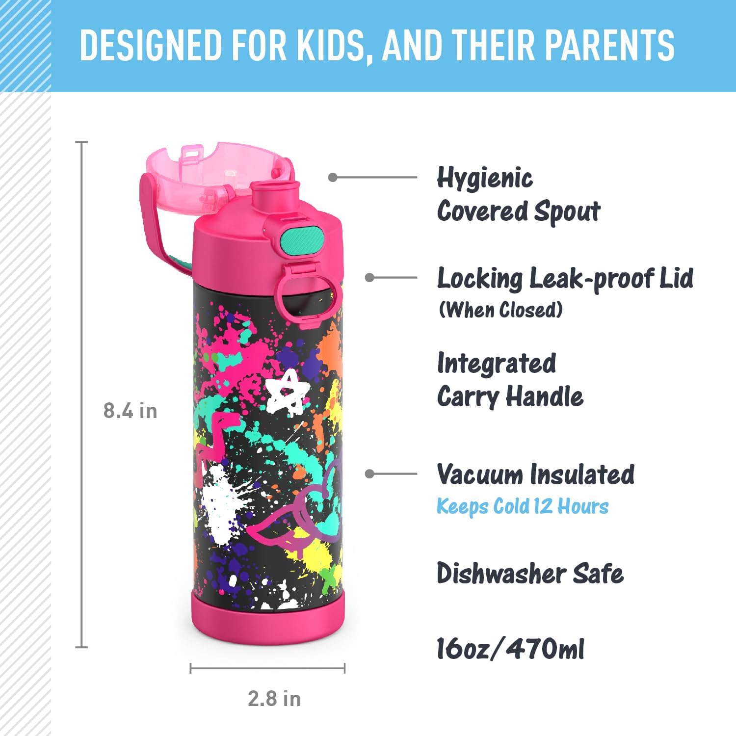 THERMOS FUNTAINER 16 Ounce Stainless Steel Vacuum Insulated Bottle with Wide Spout Lid, Graffiti Girl - Image 2