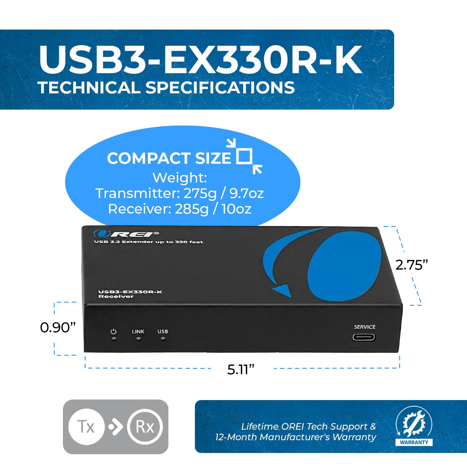 OREI USB 3.2 Over Ethernet HDbaseT Cat6 Extender LAN bis zu 100 m – erweitert 4 Ports USB-A-Signal über LAN-Ethernet – Power-Over-Kabel für Langstreckenverlängerung, unterstützt alle Betriebssysteme