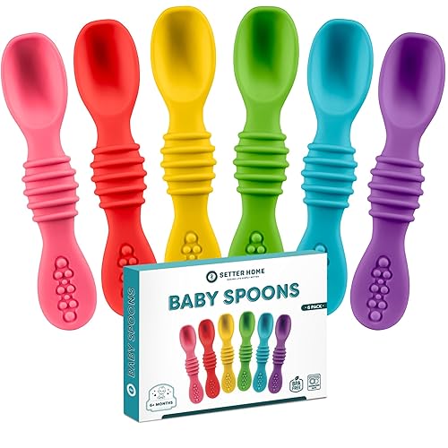 Juego de cucharas de silicona prémium para bebés, paquete de 6, cucharas de entrenamiento para bebés y niños pequeños, utensilios de destete LED