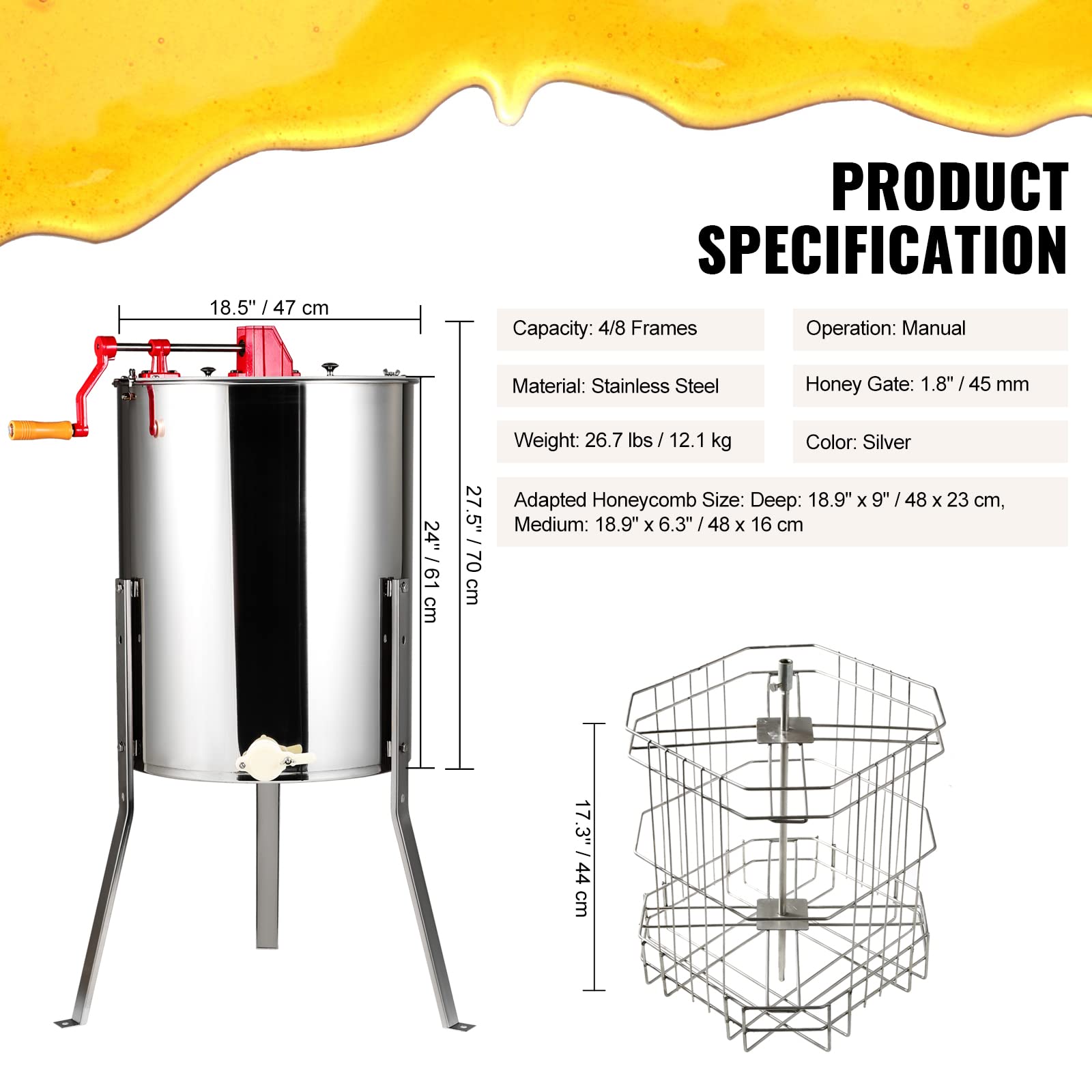 VEVOR Estrattore di Miele Manuale in Acciaio Inox Capienza Flessibile 2/4 Favi 3 Favi 4/8 Favi per Apicoltura, Smielatore Centrifuga di Miele con Coperchio Trasparente Altezza Regolabile tra 100-108cm
