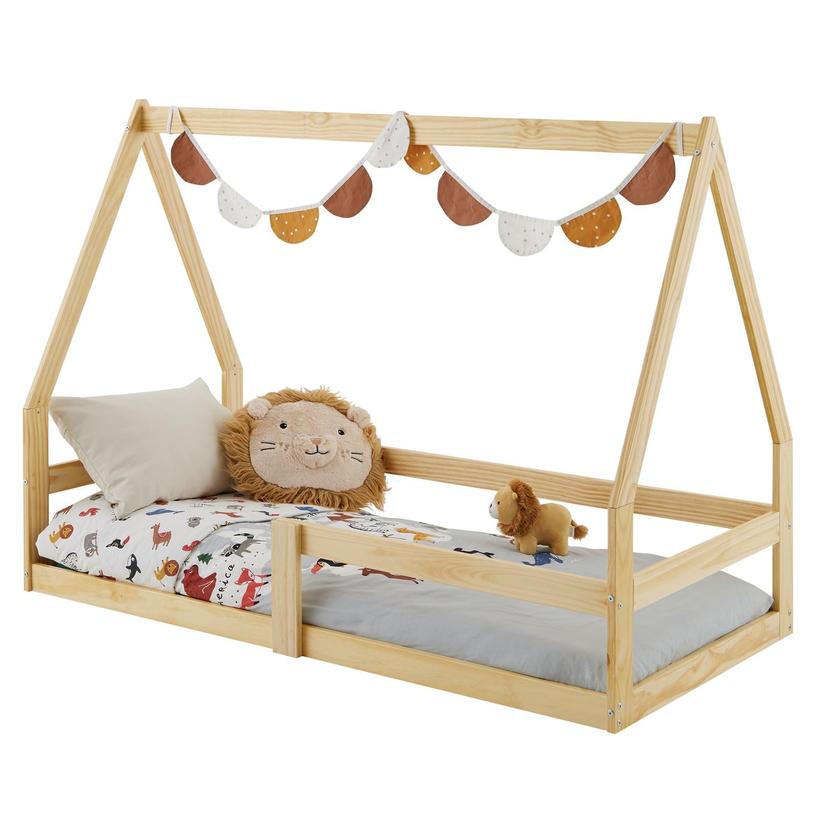 IDIMEX Hausbett Tami Kinderbett in Hausform, 70 x 140 cm, Natur, Kiefernholz Kinderbett mit Rausfallschutz, ideal zum Schlafen und Spielen, Bodenbett, Montessori
