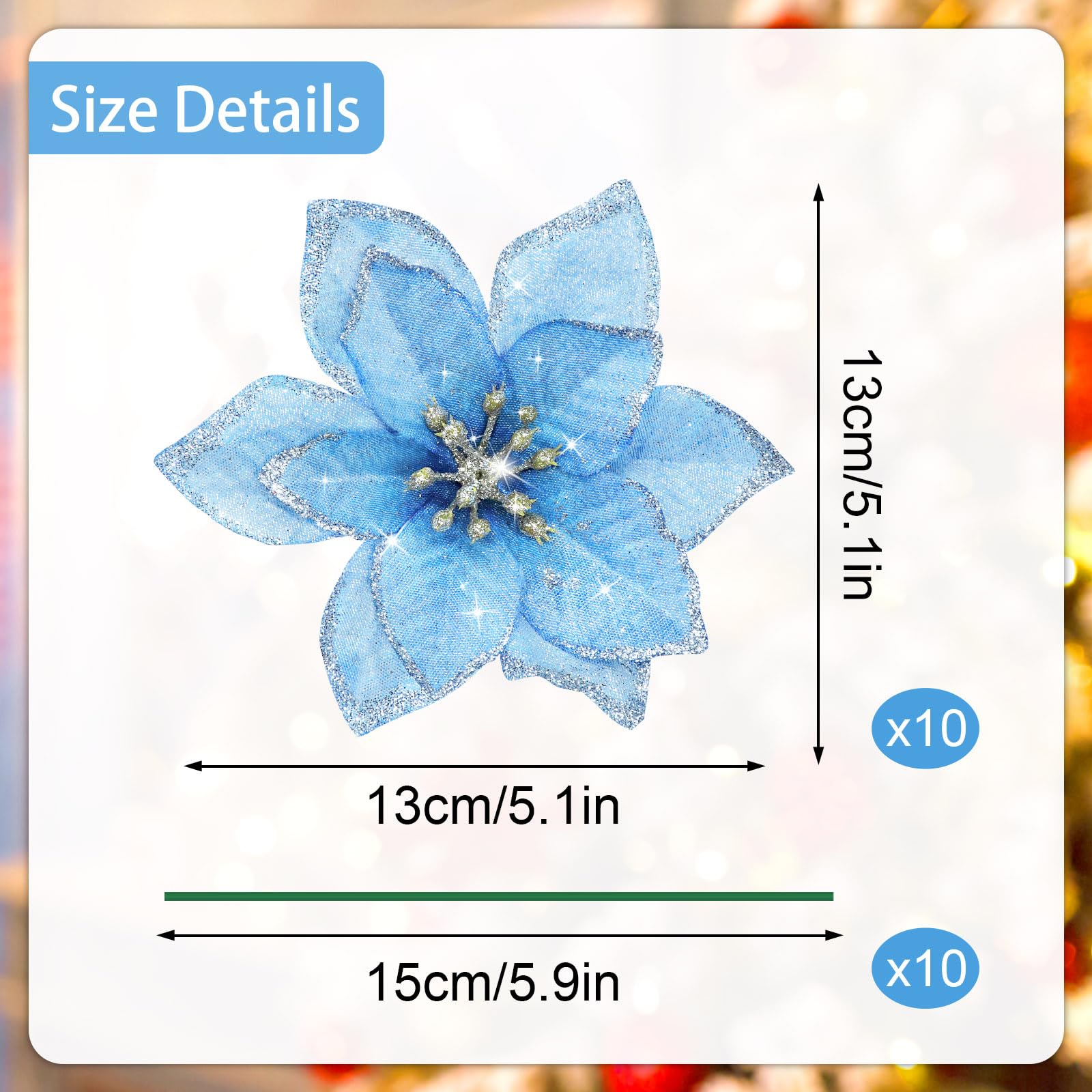 Yueshop 10pcs Christmas Glitter Poinsettia Flowers Ornament Christmas Tree Wreath Decoration Artificial Wreath Flowers for Xmas Tree Ornaments Decor (Blue) - Image 3