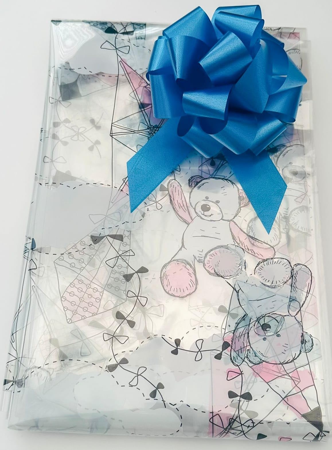 ShredAstic® Baby Print Bears flying Kite Florist Cellophane wrap with 30mm Pull Bow (5 Metres, Royal Blue)