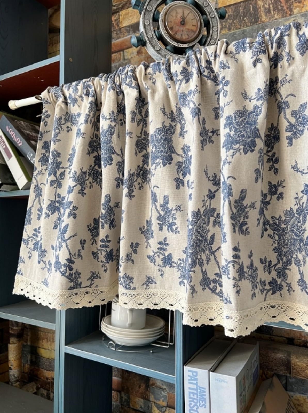 A.Monamour Gardine Scheibengardinen Kurzstores Bauernhaus Baumwolle Leinen Blau Geblümt Semi Verdunkelung Kurzvorhang Kurzgardinen Küchengardine Küche Vorhang Fenster Kurz Stores Bistrogardine
