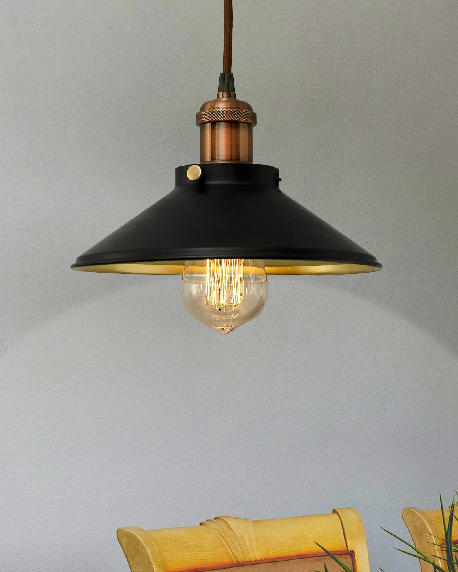 Homesake Single Black Cone Pendant with Antique Copper Holder, E27(Bulb Included), Modern Nordic Hanging Ceiling Light
