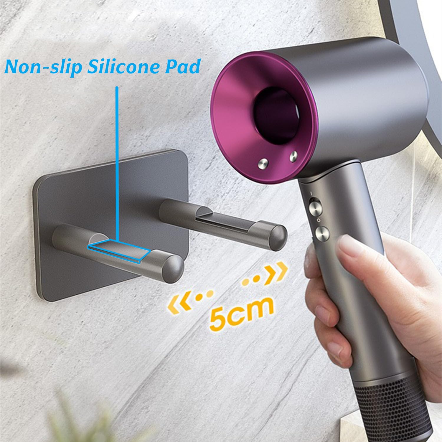 Soporte para Secador de Pelo de Pared sin Taladro, Organizador de Baño de Aluminio, Gris