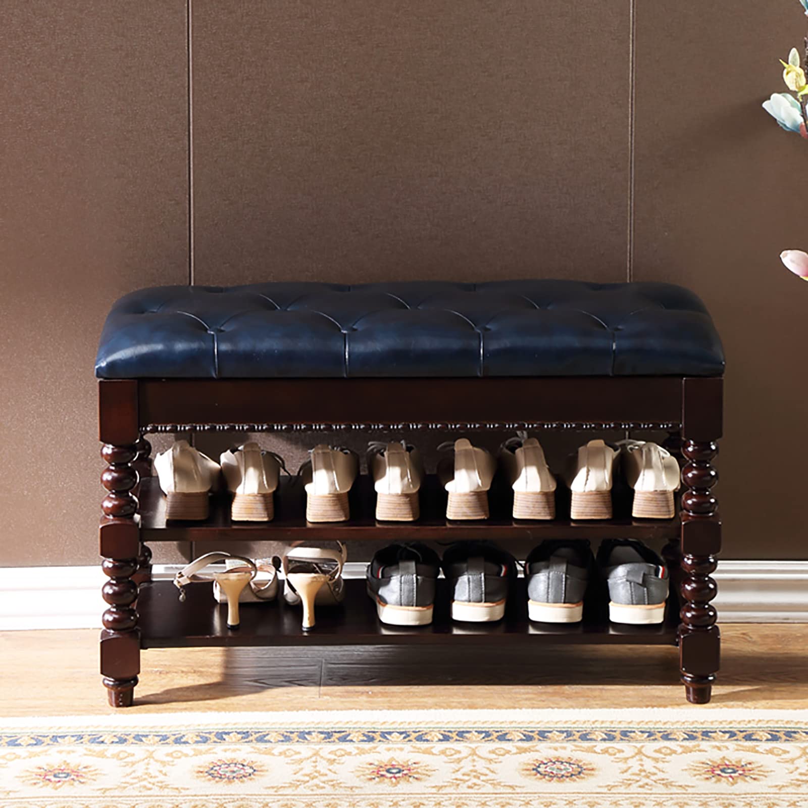 LWJSOCP Solid Wood Vintage Shoe Bench with Hidden Storage and Leather Upholstered Seat Premium Entryway Shoe and Rack (C 39x14x19inch)