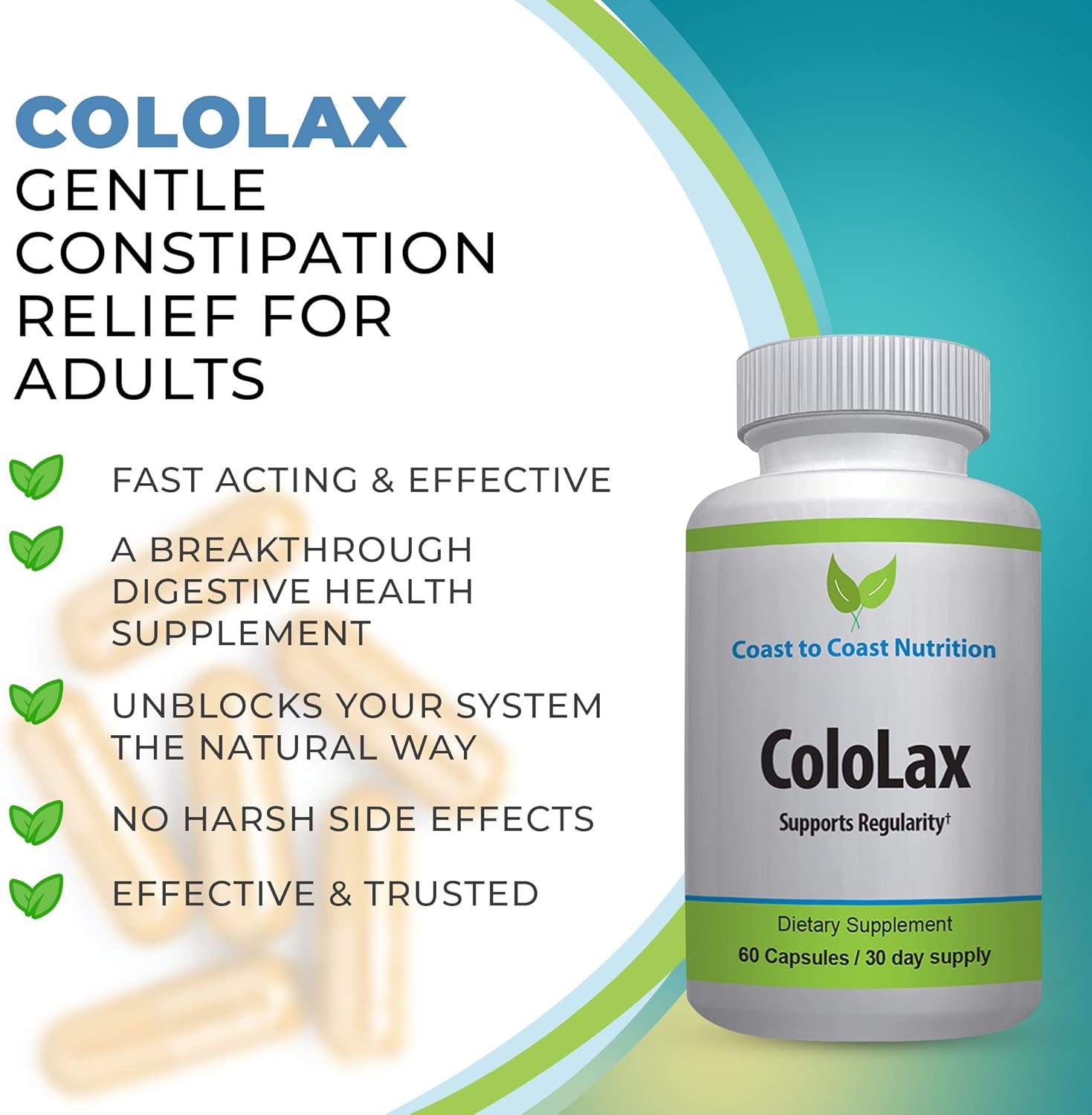 ColoLax Gentle Constipation Relief for Adults - Stool Softener & Colon Cleanse with Psyllium Husk - Support for Regularity, Relief from Gas & Bloating, and Digestion Support - 60 Capsules