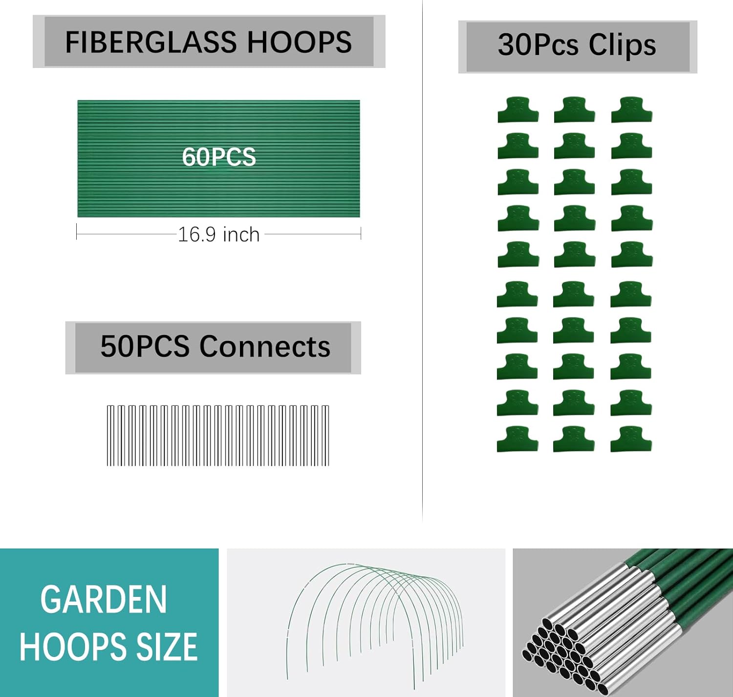 BOTINDO Garden Hoops for Raised Beds 60 Pcs, 10 Sets of 8FT Long Greenhouse Hoops Grow Tunnel Rust-Free Fiberglass Support Hoops Frame for Garden Netting Fabric Shade Cloth Row Cover (60 PCS)