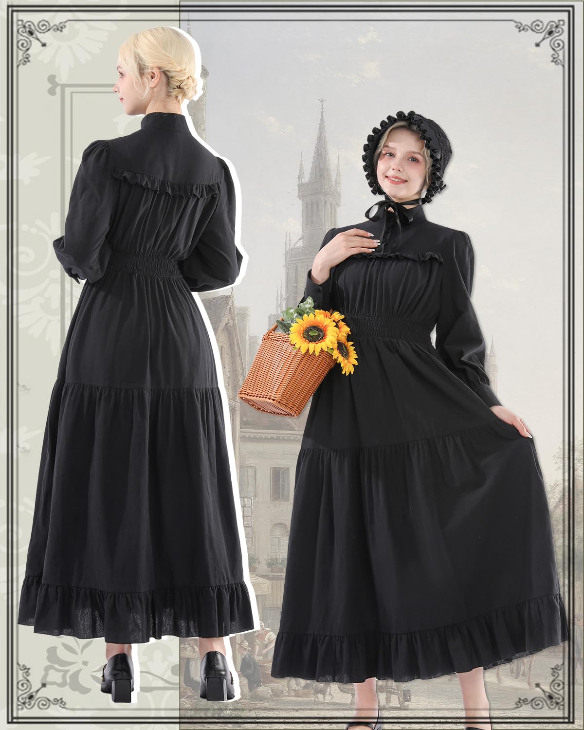 CR ROLECOS Abito medievale vintage vittoriano, da donna, a maniche lunghe, linea ad A, colletto alto, per il tempo libero, abito goth