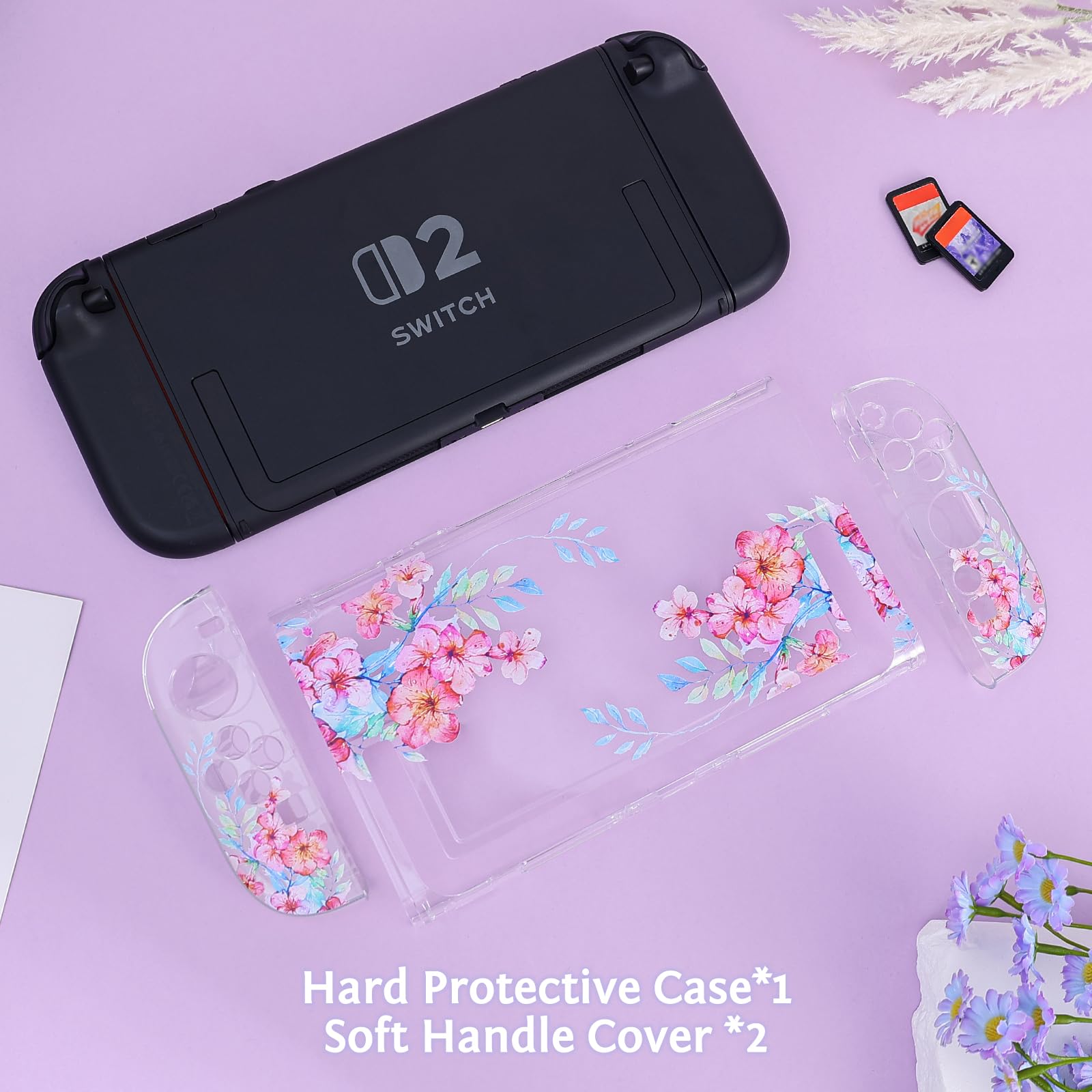 DLseego Klare Hülle Kompatibel mit Switch 2,Anti-Kratzer Schutzhülle Schöne Bedruckte Blumen PC-Hartschale für Switch 2 mit 2 Weichen Joy-C Griffabdeckungen,Pfirsichblüte