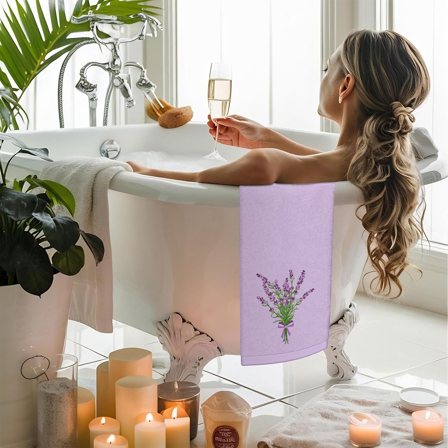 FYSUIMU 2Pcs Lavender Flower Hand Towels Purple Floral Cotton Embroidered Bathroom Towel Light Purple Absorbent Bath Towels for Spring Summer Hand Drying Cleaning Cooking, 29.5 x 13.7 Inch