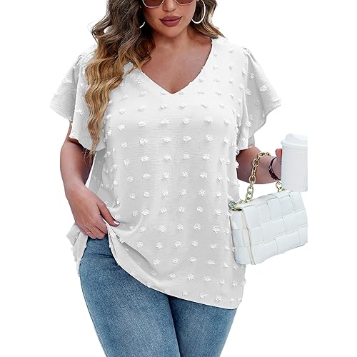 IN'VOLAND Womens Plus Size White Blouse Dressy V Neck Cute Ruffle Sleeve Summer Tops Flowy Pom Pom Tshirts
