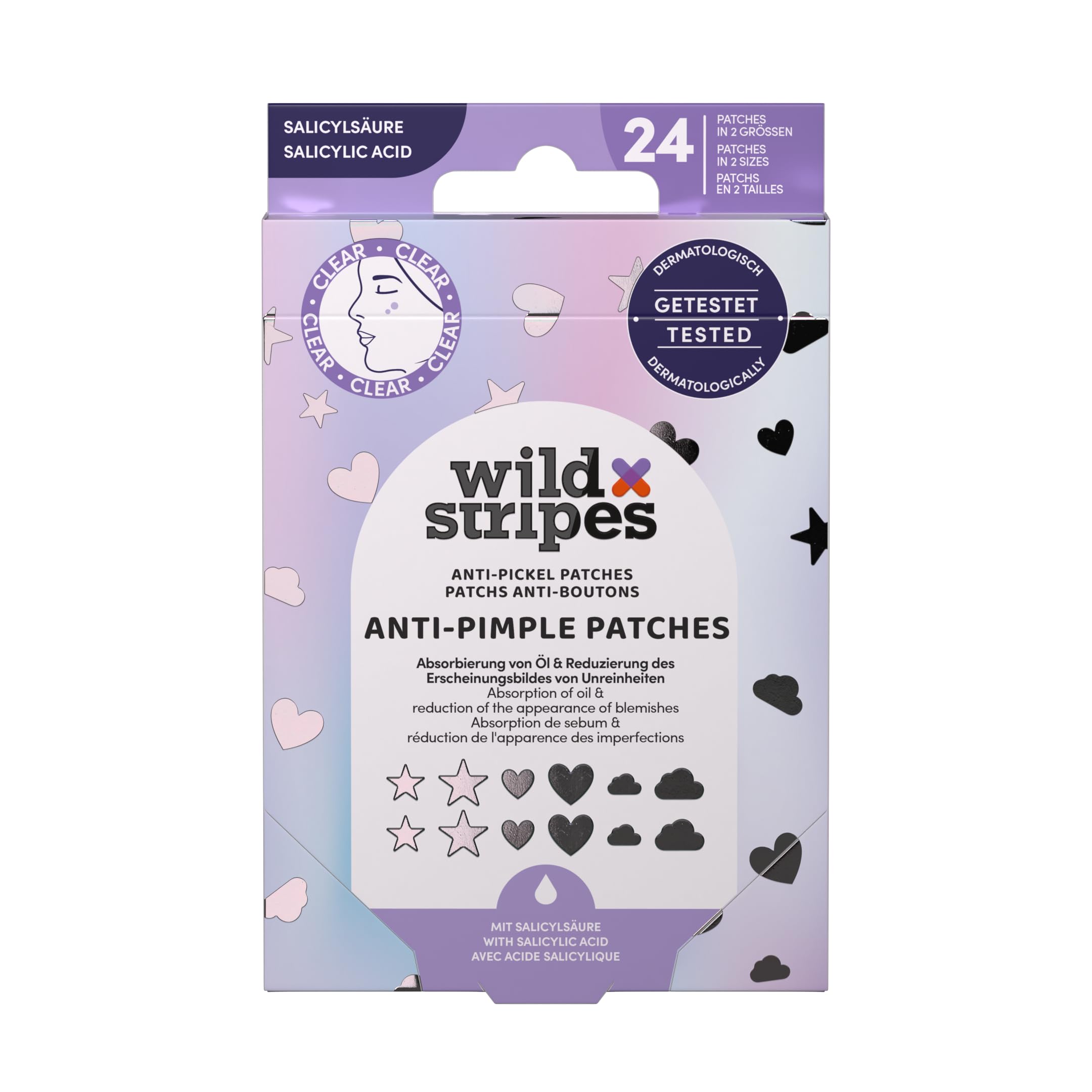 Wild Stripes Pimple Patches Holo Clear – Bunte Anti Pickel Patches mit Salicylsäure & Hydrokolloid – Pickelpflaster Gesicht für unreine Haut (Herzen & Sterne) – Hautberuhigend, Pickel abdecken (24Stk)