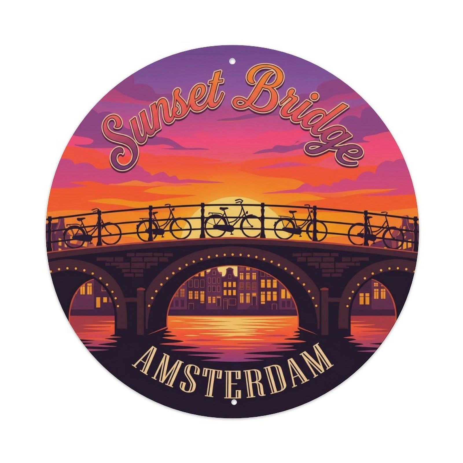 Vintage Travel Amsterdam Bridge Sunset Metal Tin Sign Plaque Wall Decor for Cafe, Club, Garden Round Metal Poster 8x8Inch